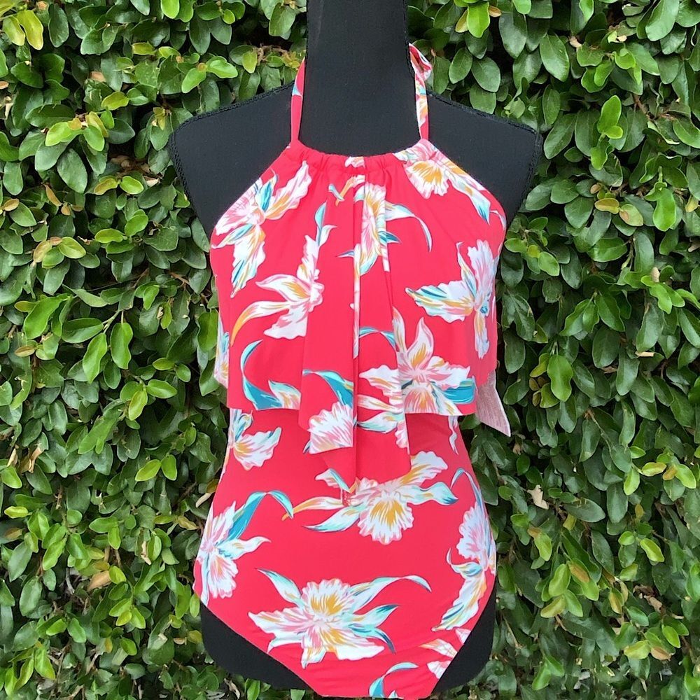 NWOT Women's One Piece Swimsuit Medium Red Floral Halter Neck Tropical